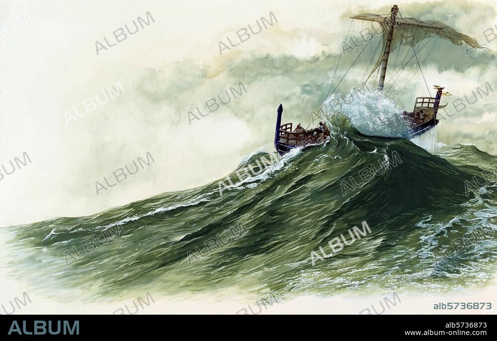 Mythology / Greco-Roman / Odysseus. The Northern wind Boreas gets hold of Odysseus's ships at Cape Malea and cast adrift way beyond the Cyclades. Watercolour by Peter Connolly. (1935-2012). From the book: The Legend of Odysseus.