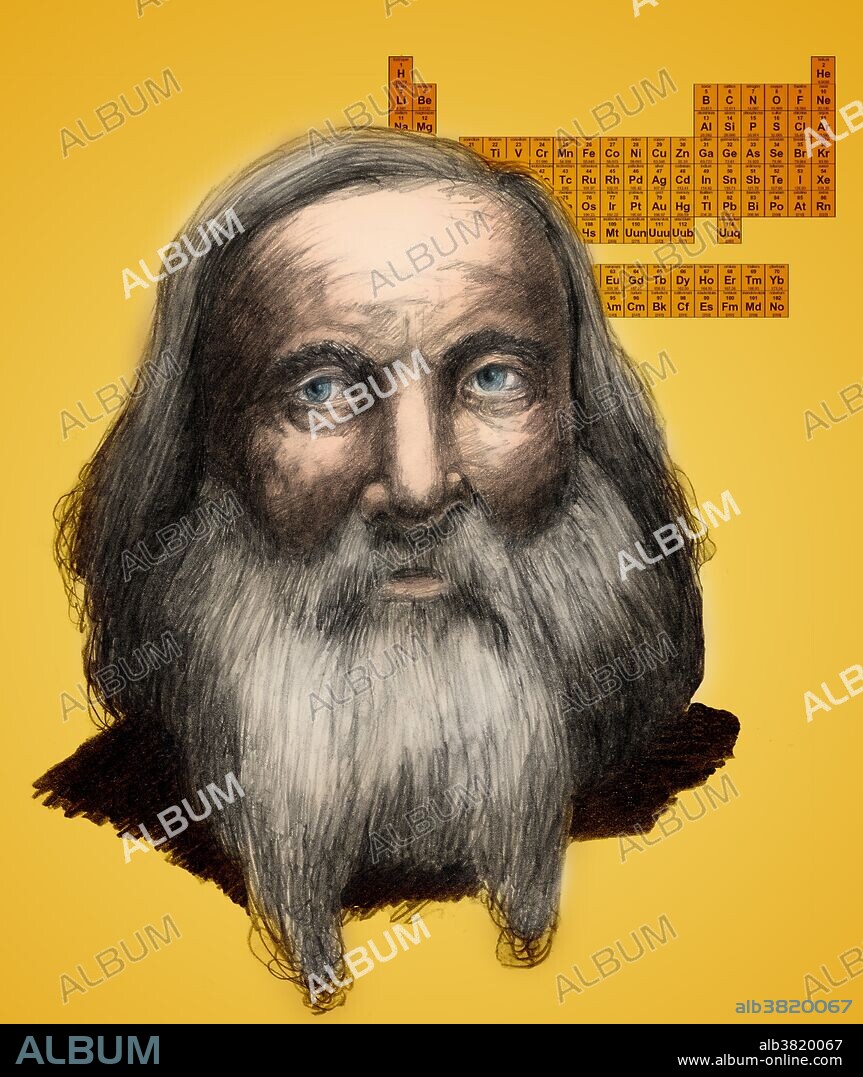 Illustration of Dmitry Ivanovich Mendeleyev (1834-1907), Russian chemist. Mendeleyev (or Mendeleev) was initially an indifferent student, but left college at the top of his class. After attending the 1st Karlsruhe Congress (1860), Mendelayev worked on organizing trends in atomic weights and valency. From this, he developed the first true periodic table of the elements (final version published in 1871). This contained some gaps, but as new elements were discovered to have the properties predicted by the table, Mendeleyev became famous worldwide.
