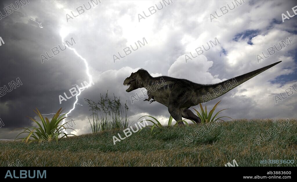 Tyrannosaurus Rex hunting in an open field during a lightning storm.