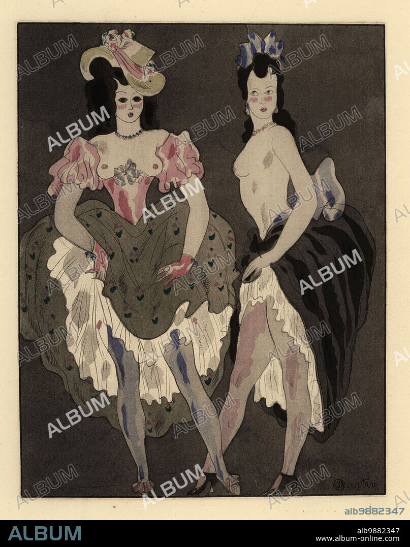 Two half-naked prostitutes dressed in petticoats and bonnets. Brother Philippes geese. Les oies de Frere Philippe. After Boccaccio. Lithograph handcoloured in pochoir (stencil) after an illustration by Charles Martin from Jean de la Fontaines Contes et Nouvelles en Vers, Tales and Novellas in Verse, Libraire de France, Paris, 1930.