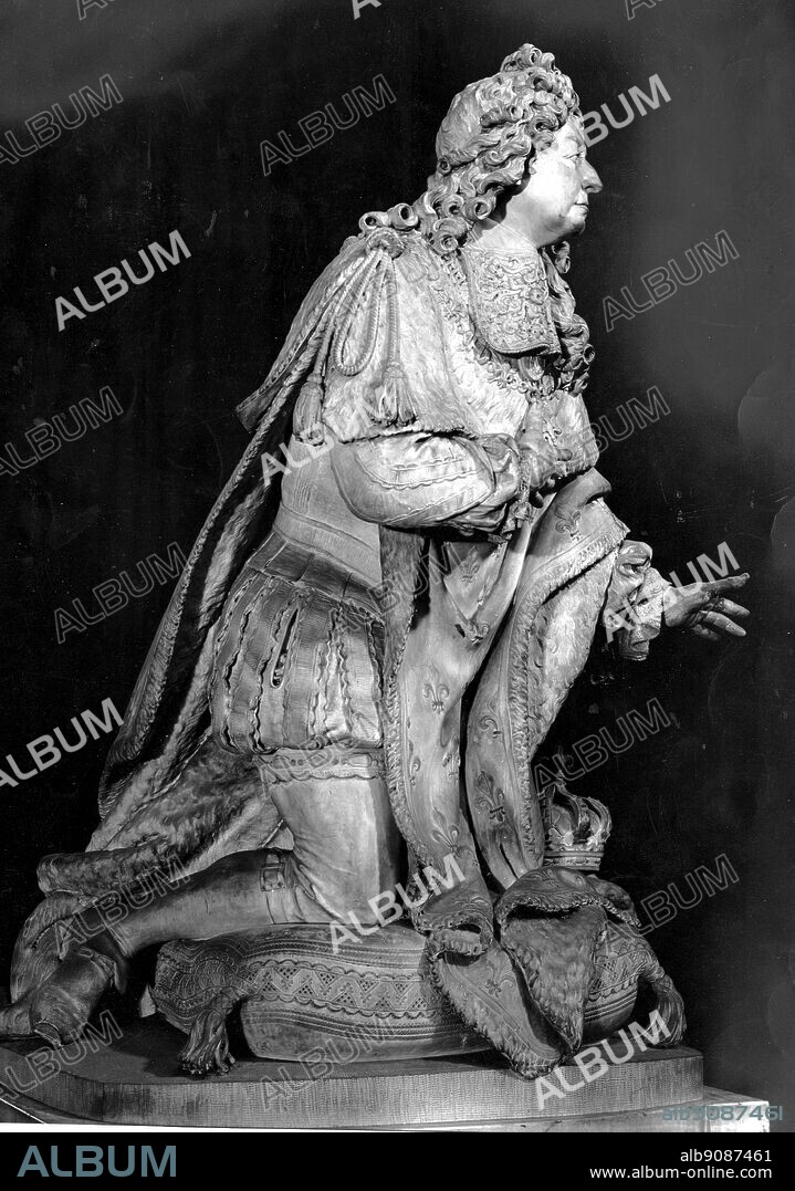 Louis XIV King of France, the Sun King, (1638-1715), reigned 1643-1715. Shown praying by Antoine Coysevox, (1640-1720), French Baroque Era Sculptor, 1715. The Sun King by Nancy Mitford, page 172.