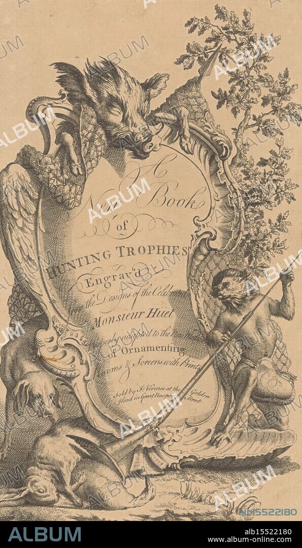 London, Vivares, François, Huet, Christophe, Angier, Paul, A New Book of Hunting Trophies, Cartouche with monkey and hunting spoils, verso - stamped, Around a cartouche with the series title a boar, a dog, a shot hare and a duck and on the right a dressed monkey with a gun., print, ornamental print, title print, prints, ornamental prints, height 286 mm, width 178 mm, French, print maker, printmaker, 1757-05-26 - 1757-05-26, paper, etching, etchings, engraving, engraving (printing process), Work conception, - 1759-05-02, after a design by, Publication (Event), Publication, English, 1709-07-11 - 1780-11-26, publisher.