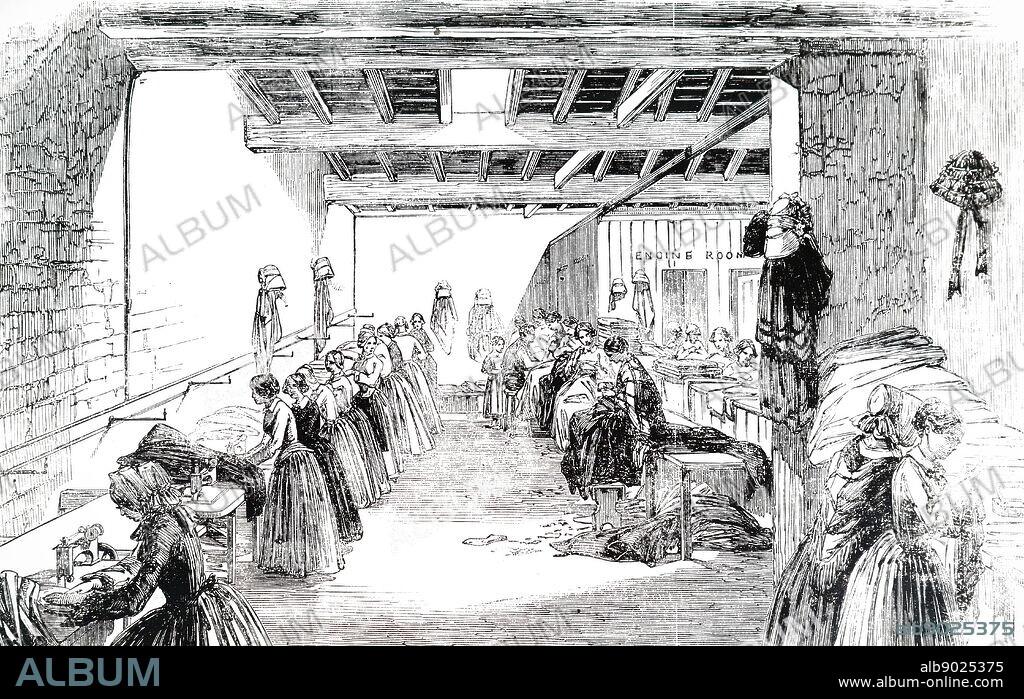 An engraving depicting the steam-powered sewing machines designed by C.T. Judkin of Manchester in use at Holloway & Co.'s clothing factory, Stroud, Gloucestershire. Holloways introduced the division of labour in their factory. One pair of trousers passed through 16 pairs of hands, each operative carrying out a specific task. Dated 19th century.