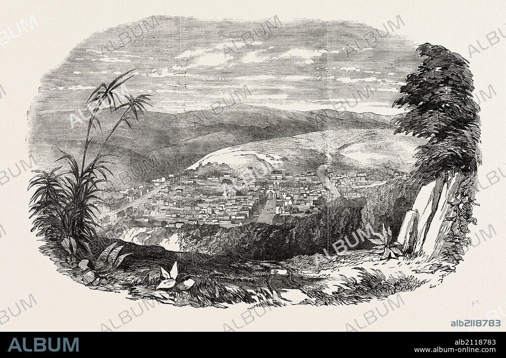 GRAHAM'S TOWN, GRAHAMSTOWN, GRAHAMSTAD, THE CAPITAL OF THE EASTERN PROVINCE OF THE CAPE COLONY, SOUTH AFRICA, 1851 engraving.
