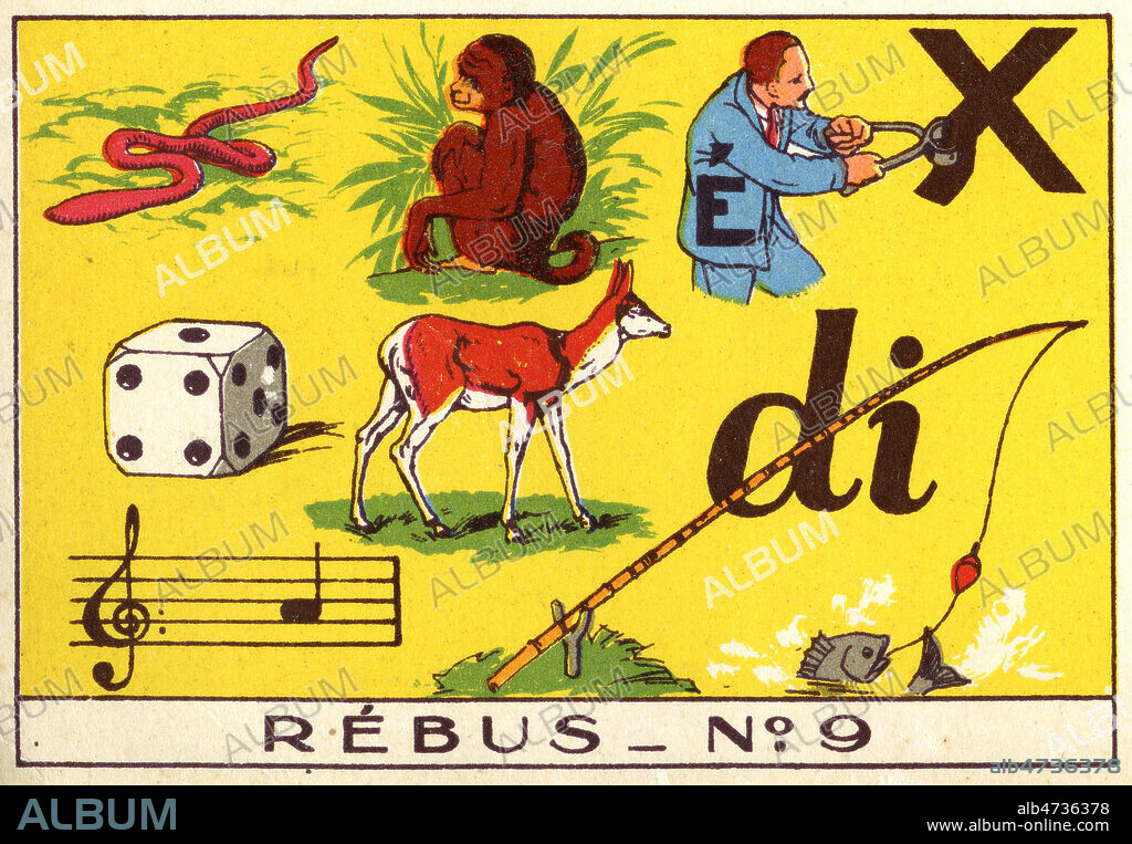 'Vercingetorix defendit la Gaule'. (Ver singe e tord X de faon di la gaule) Rebus historiques, Personnages de l'histoire de France. Images enfantines, chromos vers 1930. 10x7cm env. Credit Collection MA/KHARBINE TAPABOR.