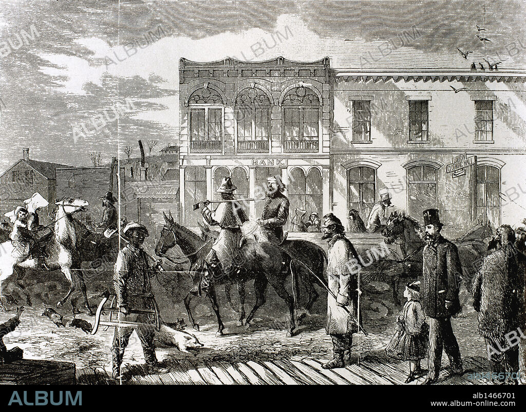 HISTORIA DE LOS ESTADOS UNIDOS. SIGLO XIX. CALLE DE LA LOCALIDAD DE ATCHINSON, ESTADO DE KANSAS, AÑOS DESPUES DE LA GUERRA CIVIL AMERICANA". Grabado del "Harper's Weekly" (año 1866) .