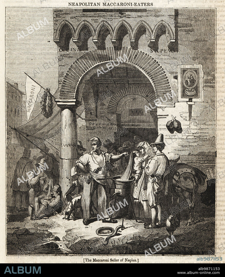 A man cooking pasta at a street stall, and people eating spaghetti with their hands in Naples, early 19th century. Neapolitan maccaroni eaters. The macaroni sellers of Naples. Woodblock engraving by J. Jackson from The Penny Magazine, of the Society for the Diffusion of Useful Knowledge, printed by William Clowes, Lambeth, 1833.