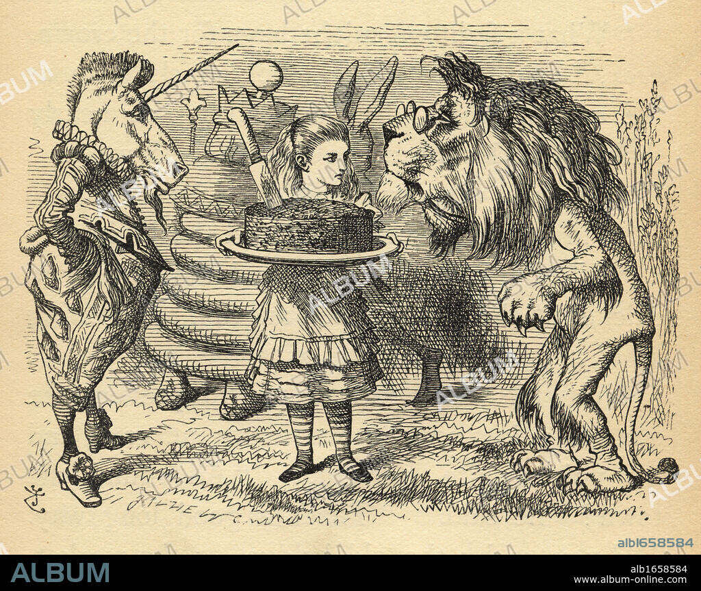 Alice with The Lion and The Unicorn. Illustration by Sir John Tenniel, 1820-1914. From the book "Through the Looking-Glass and What Alice Found There" by Lewis Carroll. Published London 1912.