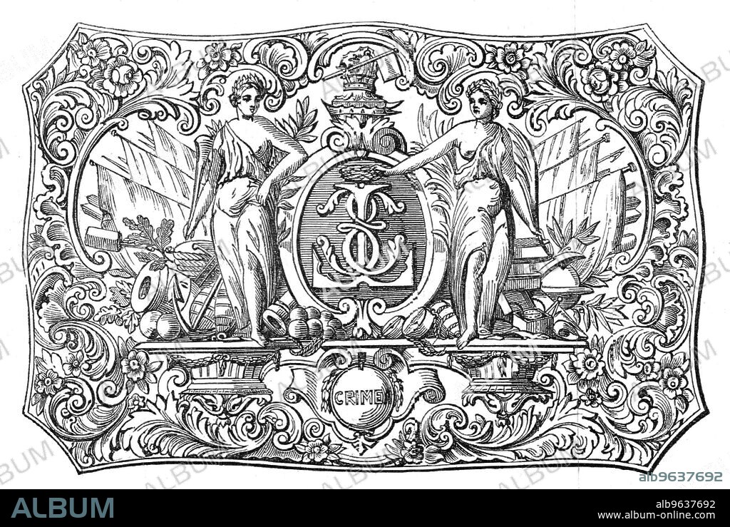 Gold Box presented with the Freedom of the City of London to Admiral Sir Edmund Lyons, 1856. 'In the centre of the engraved subject or design on the lid is a monogram formed of the letters "E. L."; the second letter, reversed, representing an Anchor, supported by Victory and Fame, and surrounded by a naval trophy. The City arms are engraved in the front; and at the sides, and corners, and back, nautical emblems are introduced. At the bottom of the box are the Admiral's full arms, crest, supporters, and motto; with the Crimean medal and the different orders attached. The design, which is very characteristic, and the workmanship, reflect much credit upon the taste and judgment of Mr. Clarke, goldsmith and jeweller, King William-street, City, by whom the Box has bean manufactured'. From "Illustrated London News", 1856.