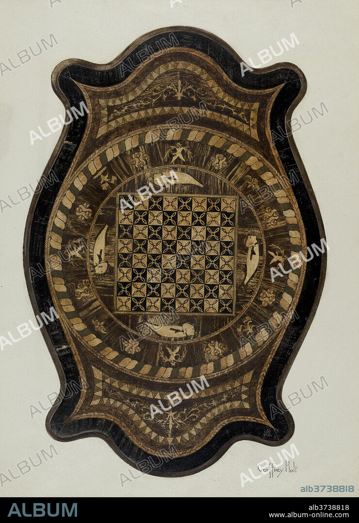 GEOFFREY HOLT. Marquetry Table: Showing Inlay Top. Dated: 1937. Dimensions: overall: 34.3 x 24.6 cm (13 1/2 x 9 11/16 in.)  Original IAD Object: 27 1/2"x41 1/2"x27 high. Medium: watercolor, colored pencil, pen and ink, and graphite on paperboard.