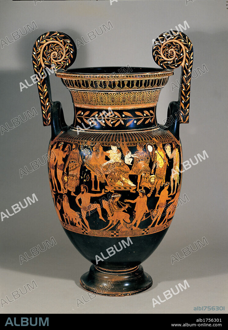 Attic handled crater with red figures (the Pronomos Vase), by Painter Pronomos, 400, 5th Century,. Italy; Campania; Naples; National Archaeological Museum; inv.81673 - ex Museo Borbonico 3240 -. All. Attic crater with handles and red figures Pronomos vase handles laurel palmettes plant volutes berries Dionysus Arianna theatrical mask Hercules/Heracles/Herakles Papposilenus flute player Pronomos coreuta (Greek choir or dancer).