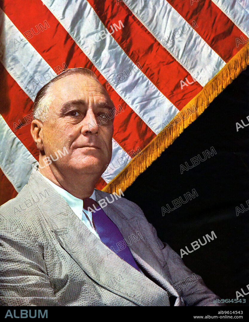 Franklin Delano Roosevelt (1882-1945), 32nd President of the USA 1932-1945, c1943. Roosevelt served an unprecedented four terms as President. He was first elected in 1932 at the height of the Depression. He set about tackling the economic and social crisis with a range of policy measures collectively known as the New Deal. After the Japanese attack on Pearl Harbour on 7 December 1941, described by Roosevelt as 'a day that will live in infamy', he led the USA into World War II against the Axis Powers.