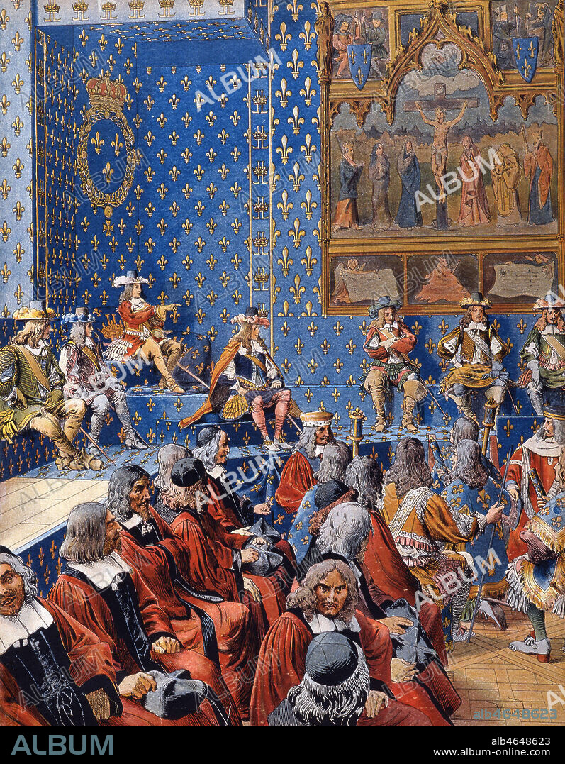 Le jeune LOUIS XIV (1638-1715) en visite au Parlement en bottes de chasse, jour de la fameuse phrase "L'Etat, c'est moi !". Illustration de Maurice LELOIR (1851-1940) pour Le Roy Soleil de Gustave TOUDOUZE (1847-1904). Credit : Collection KHARBINE-TAPABOR.