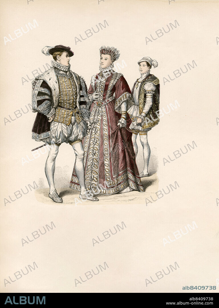 Francis II (1543-1560), Elizabeth (Daughter of Henry II) as a Bride (1545-1568), Francis II as Dauphin - Oldest Son of King, France, 16th Century, Illustration, The History of Costume, Braun & Schneider, Munich, Germany, 1861-1880.