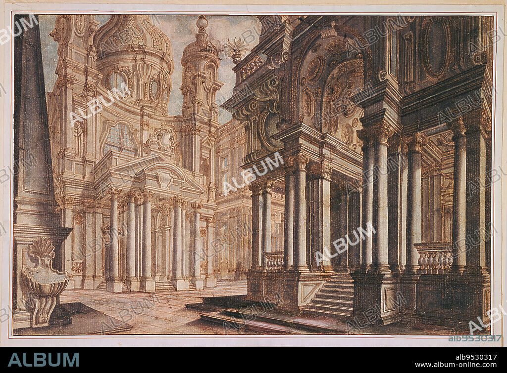 FRANCESCO GALLI-BIBIENA. Courtyard surrounded by arcade in the background. To the left, a building with dome and small towers at either side, having appearance of a church but there are no ecclesiastical motifs. Pen and brown ink, brush and gray wash, blue, pale rose watercolor on white laid paper, lined. Date: ca. 1719.