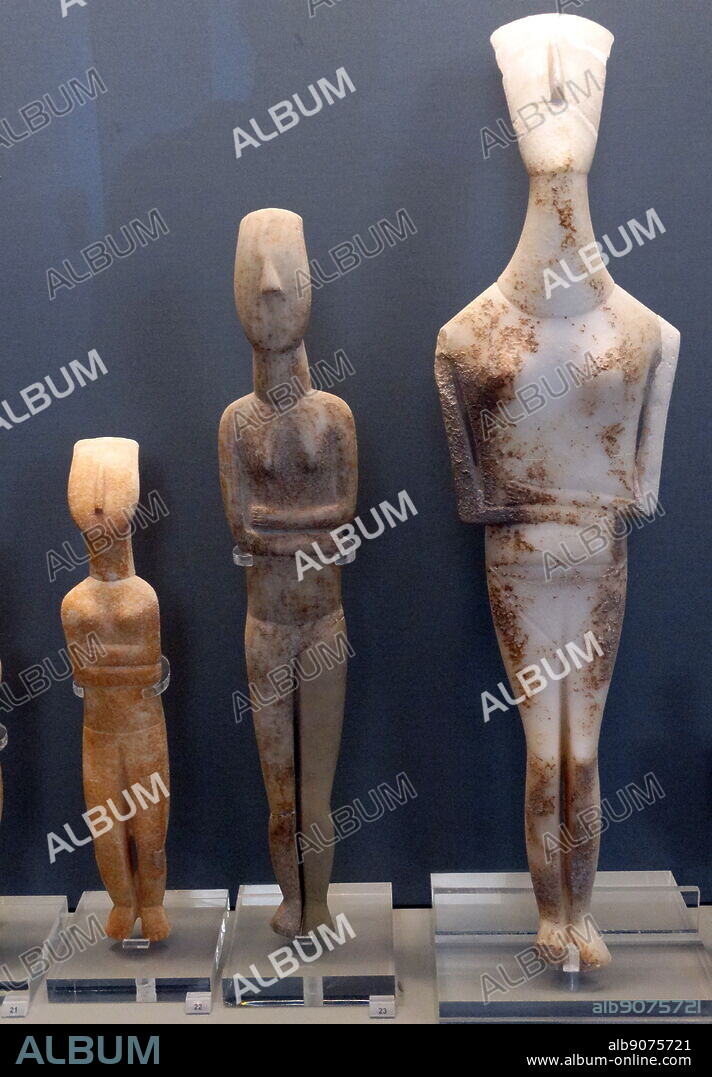 Cycladic 'Spedos style' figurines, from Naxos, Greece, Early Cycladic culture evolved in three phases, between c. 3300 - 2000 BCE, when it was increasingly swamped in the rising influence of Minoan Crete.