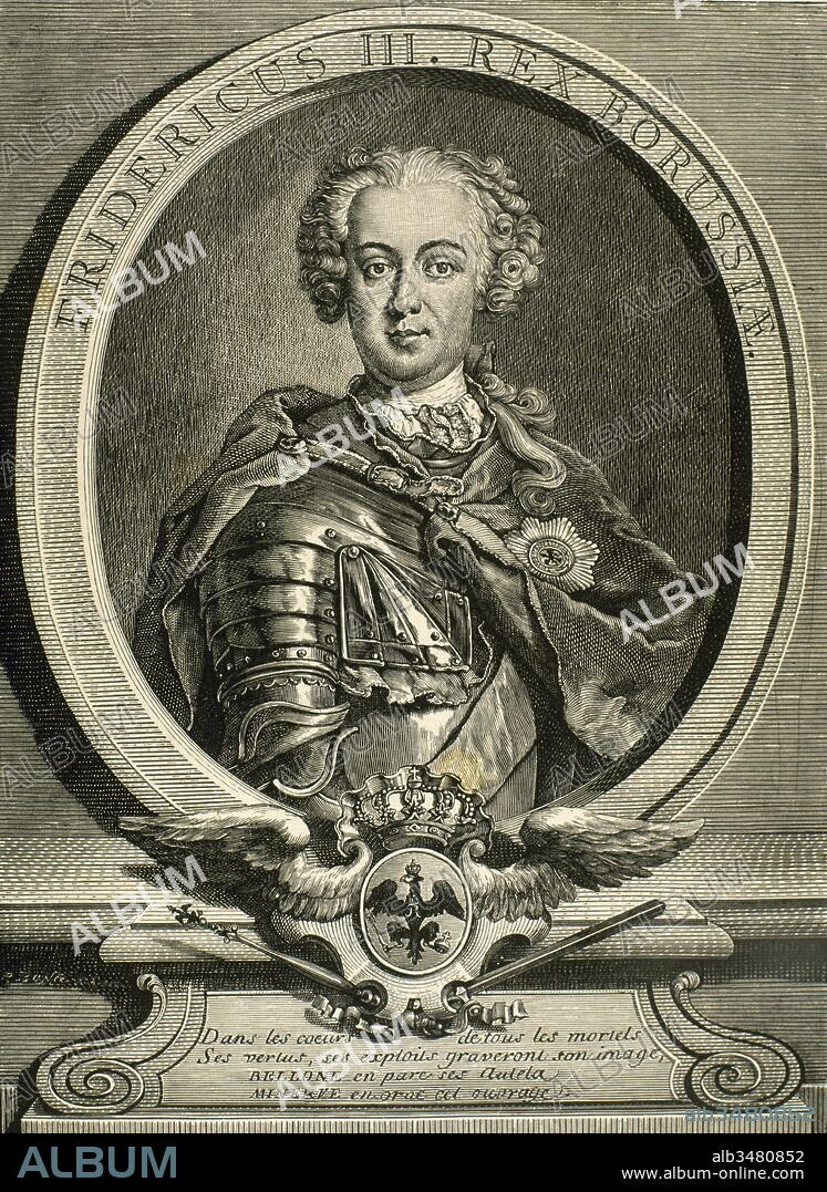 Federico II "el Grande" (Berlín, 1712-Potsdam, 1786). Rey de Prusia (1740-1786). Participó en la Guerra de Sucesión de Austria y también lo hizo, como aliado de Inglaterra, en la Guerra de los Siete Años (1715-1736). En 1772 realizó el primer reparto de Polonia. Grabado de R. Bong.