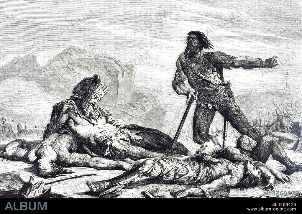 An engraving depicting the death of King Saul and his armour bearer by their own hands rather than falling into the hands of the Philistines at the Battle of Gilboa. Dated 19th century.