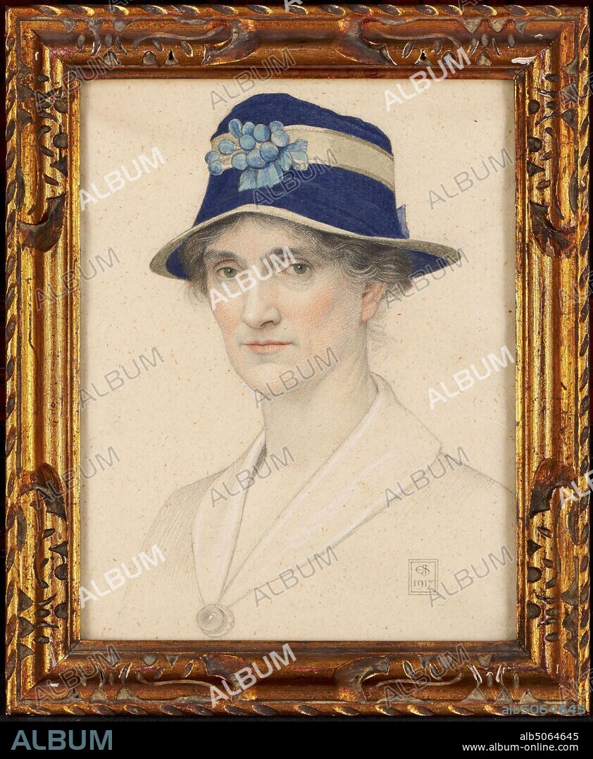 Portrait of Anna Elizabeth Southall, nee Baker, 1917 Joseph Edward Southall (d. 1944), Art Movement, Pre-Raphaelite, Watercolour, Pencil, Chalk, Women, Portrait, Frame, Female, Costume, Hat, Works on Paper.