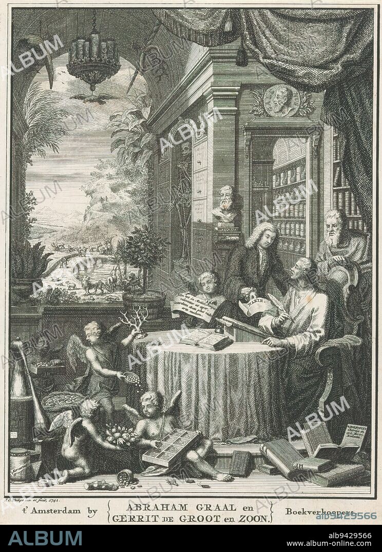 Allegorical representation with doctor, apothecary and Asclepius in pharmacy, Title page for: Johan Jacob Woyt, Gazophylacium medico-physicum, or treasury of medicine and natural science, 1766 (title on object), A scholar or doctor sits writing behind a table. An apothecary to his right hands him a paper. Behind him stands Asclepius with an esculope. In front of the table, putti sit and stand near a distillation apparatus with plants used for healing. In the background a pharmacy with jars, bottles, books, a skeleton, a bust of Hippocrates and a portrait medallion of Galenus. In the background a vista of animals in a landscape surrounding Mount Parnassus., print maker: Jan Caspar Philips, (mentioned on object), after own design by: Jan Caspar Philips, (mentioned on object), publisher: Gerrit de Groot en Zoon, (mentioned on object), Amsterdam, 1741 and/or 1766, paper, engraving, etching, width 208 mm × height 153 mm.