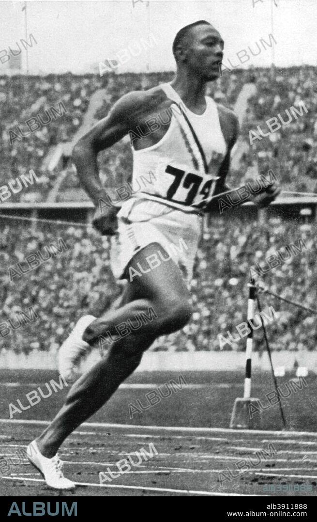 Jesse Owens at the end of the 100m at the Berlin Olympic Games, 1936. Owens after winning one of his four gold medals at the games. A print from Olympia 1936, Die Olympischen Spiele 1936, Volume II, Cigaretten-Bilderdienst, Hamburg, 1936.