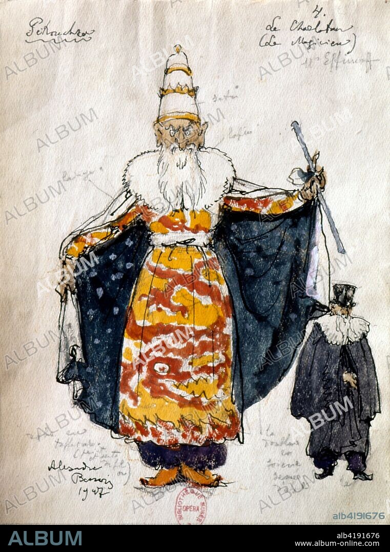 Costume design by Benois, for the Russian Ballet 'Petrushka' 1910–11. The Ballet was composed by Igor Stravinsky. Michel Fokine choreographed the ballet; Benois designed the sets and costumes. Petrushka was first performed by Sergei Diaghilev's Ballets Russes at the Theatre du Chatelet in Paris on 13 June 1911. Alexandre Nikolayevich Benois (1870 –  1960) was a Russian artist, art critic, historian, preservationist, and founding member of Mir iskusstva (World of Art), an art movement and magazine.