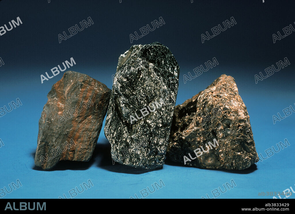 Hematite, iron oxide, is one of the most common and abundant minerals on the earth's surface, and provides yellow, orange and red coloration to rocks throughout the world. It forms in many different geochemical environments, and can thus appear in many forms; The photo shows (L-R) banded hematite that precipitated from water in layers; massive hematite that occurs in veins; and oolitic hematite, consisting of 'oolites', tiny spherical particles that form in water and precipitate as aggregates.