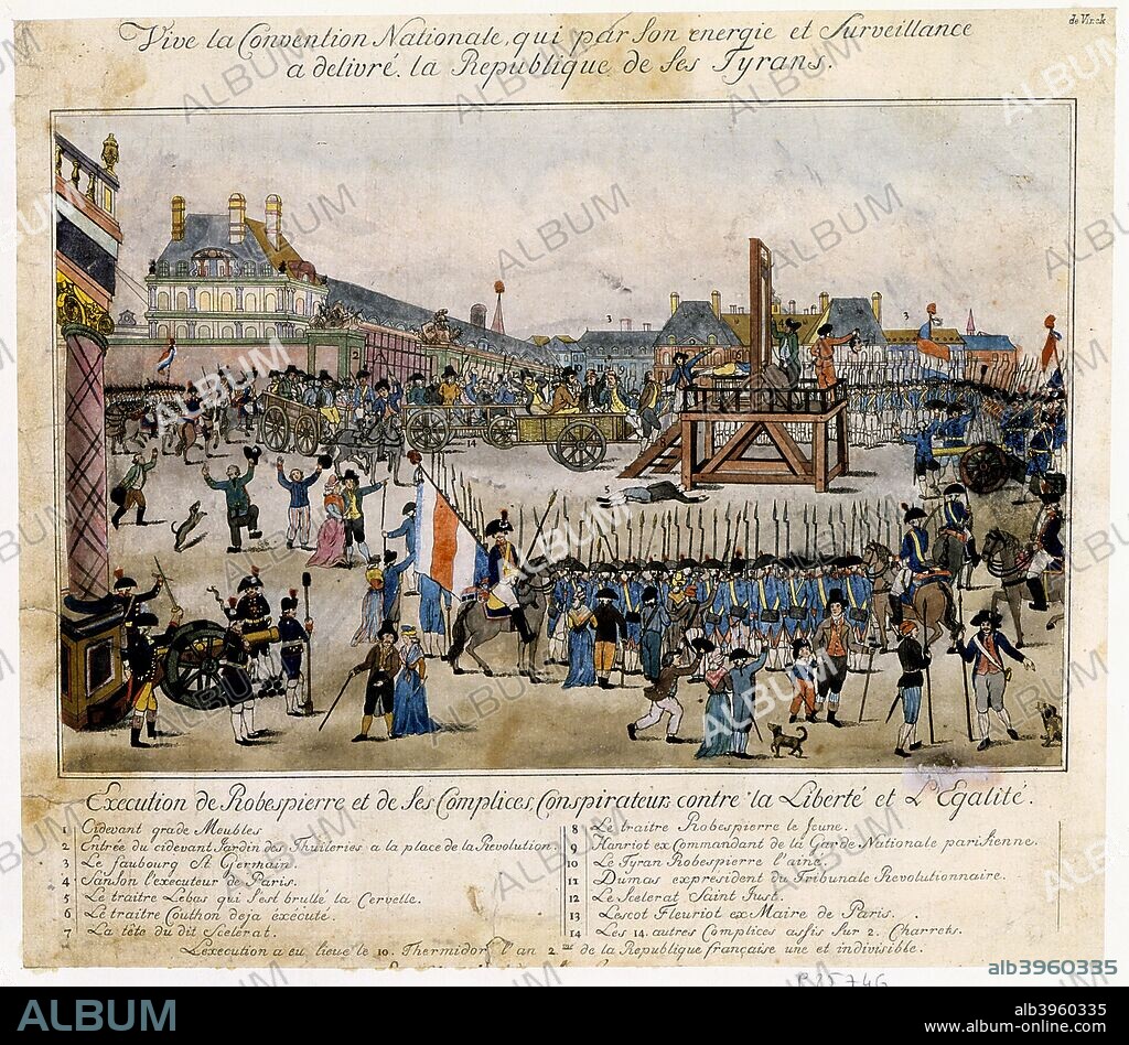 Execution of Robespierre and his accomplices, 1794. Maximilien Marie Isidore de Robespierre (1758-1794), French revolutionary and protagonist of the Reign of Terror was declared an outlaw by the Convention and he was sent to the guillotine with his supporters on 28 July 1794 (10th Thermidor). The scaffold is in the PIace de la Revolution, formerly the Garden of the Tuileries. Robespierre is numbered 10 in the cart left of the scaffold. Behind are 14 conspirators in two further carts.
