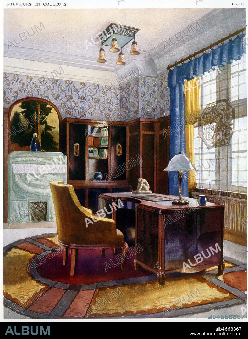 Cabinet de travail par P. Sigrist. Exposition des Arts Decoratifs a Paris en 1925, 'Interieurs en couleur' Edition Albert Levy, Credit Collection Kharbine Tapabor.