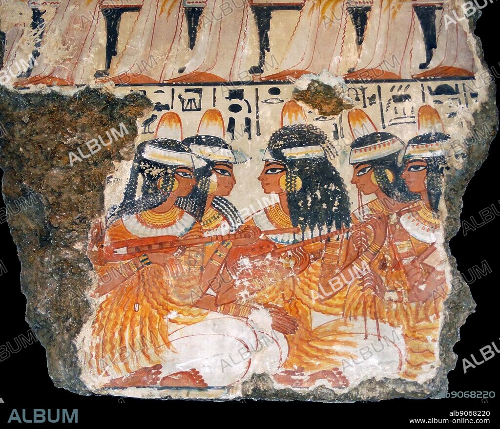 Fresco from the tomb of Nebamun, Fragment of a polychrome tomb-painting showing a banquet scene. Thebes, Egypt 18th Dynasty, around 1350 BC.