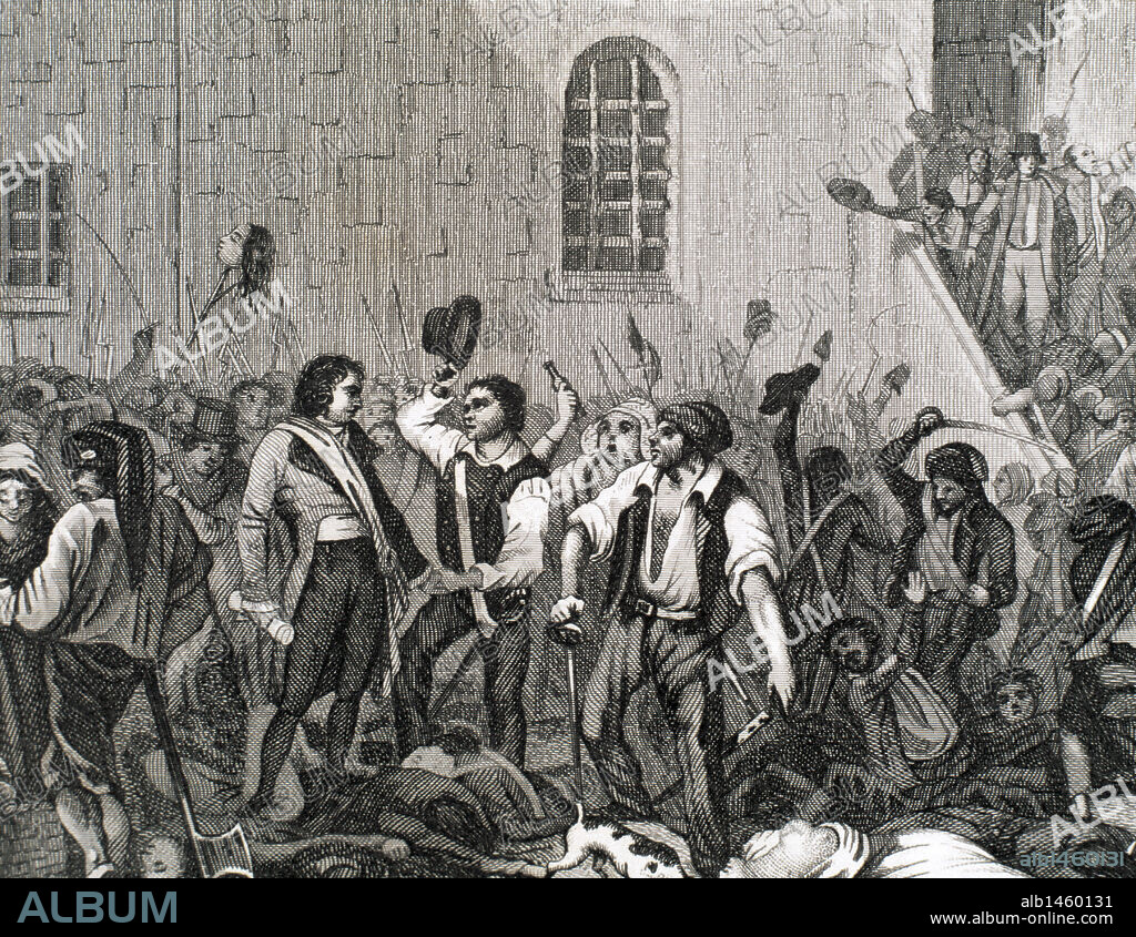 REVOLUCION FRANCESA. S. XVIII. 'Ejecuciones de clérigos y presos comunes, por los miembros de la comuna popular e insurreccional de París. Septiembre del 1792'. Grabado S. XIX.
