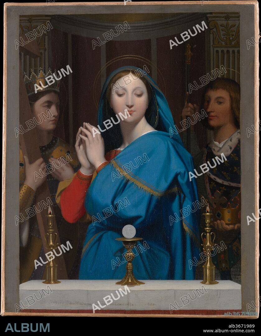 The Virgin Adoring the Host. Artist: Jean Auguste Dominique Ingres (French, Montauban 1780-1867 Paris). Dimensions: 15 7/8 x 12 7/8 in. (40.3 x 32.7 cm). Date: 1852.
This small, jewel-like devotional painting was made as a gift for Ingres's friend Louise Marcotte, who introduced the artist to Delphine Ramel, whom he married in 1852. The Raphaelesque composition is based on one Ingres first painted in 1841 for the future czar Alexander II, which includes the two patron saints of Russia, Alexander Nevsky and Nicholas (Pushkin Museum of Fine Arts, Moscow). For this version, Ingres replaced the Russian saints with two French ones. He would go on to paint four more variants, as well as, in 1855, a watercolor for Madame Ingres herself (Fogg Museum, Cambridge, Mass.).