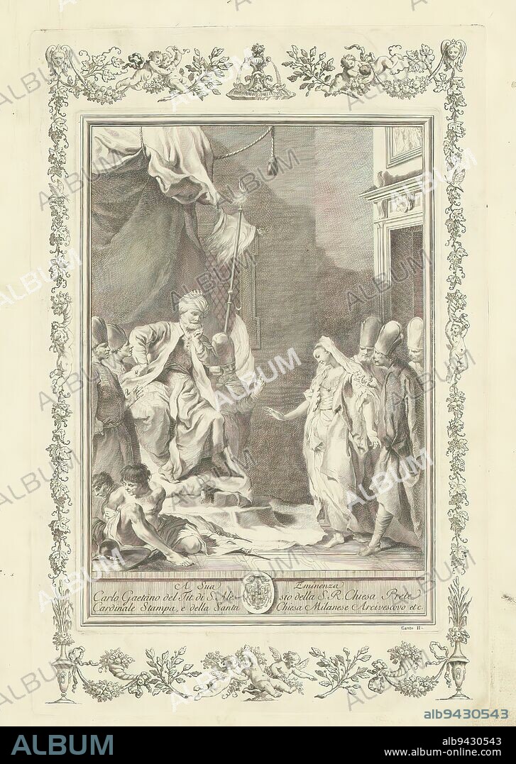 Scene from La Gerusalemme Liberata, Canto II (title on object), Illustrations for La Gerusalemme liberata (series title), Ornamental border with flowers, plants, cupids and a fountain., print maker: Martin Schedel, after drawing by: Giovanni Battista Piazzetta, publisher: Giambattista Albrizzi, 1745, paper, etching, height 290 mm × width 200 mm × height 381 mm × width 254 mm.