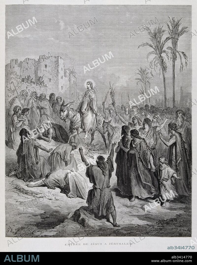 Engraving by Gustave Doré (1832-1883); Jesus' triumphal entry into Jerusalem on a donkey. Jesus descends from the Mount of Olives towards Jerusalem, and the crowds lay their clothes on the ground to welcome him as he triumphantly enters Jerusalem.