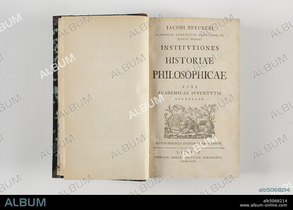 book, book: 1756; grant: July 1853, ink, cardboard, paper, Book entitled Institutiones Historiae Philosophiae, written by Johann Jakob Brucker. The book, which is bound, contains a brown with green cover. On the spine at the top is the title of the book and the name of the author. The inside consists of 884 numbered pages with Latin text, followed by an index. At the front of the book is an inlaid sheet with a Latin text on it that states that the book was awarded as a prize to Antonius du Rieu, a student of the gymnasium in 1853. The title page shows the name of the author Jacobi Bruckeri, under it the title Institutiones Historiae Philosophicae usui academicae luventutis adornatae, below which is the name of the publisher Lipsiae Impensis Bernh. Christoph. Breitkopfii. MDCCLVI, General: 21.5 x 13.4 x 5.6cm 215 x 134 x 56mm.