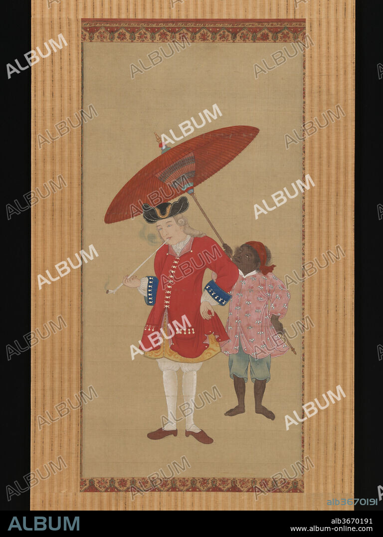 Dutchman with a Servant. Artist: Attributed to Kawahara Keiga (Japanese, 1786-1860). Culture: Japan. Dimensions: Image: 19 3/4 x 9 7/8 in. (50.2 x 25.1 cm). Date: early 19th century.
This is painting was inspired by an early print of the 1750s entitled "Hollander" (Orandajin no zu) that was produced by the publisher Hariya in Nagasaki, the only port foreigners were allowed to enter Japan for most of the Edo period. That print, which became a template for countless subsequent prints and paintings of Dutch figures, identifies the dandily dressed figure with bright blue eyes and long, curly blond hair as the kapitan, referring to the opperhoofd, the manager of the Dutch factory on the island of Deshima (off the shore of Nagasaki). He puffs on a long clay pipe, reminding us that tobacco and its consumption was an insidious import from Europe in the mid to late sixteenth century, and then was grown locally.  The opperhoofd wears tight leggings and an overly fancy long jacket of Dutch colonialists, manufactured in Asia by local tailors. His Javanese servant holding the parasol in the early print is referred to as a kurobo, a derogatory term used for black slaves abducted in the East Indies. Though not signed, the work is in the meticulous but stiff Western style of painting associated with Kawahara Keiga, the most prolific portraitist of the Dutch community in Deshima.