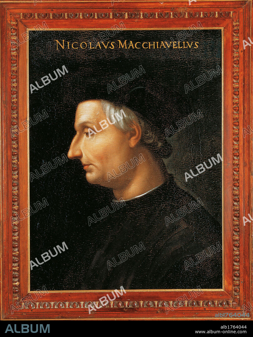 Portrait of Niccol Machiavelli, by Cristofano DellAltissimo di Papi, 1568 ante, 16th Century, oil on panel, cm 60 x 45. Italy, Tuscany, Florence, Uffizi Gallery. All. Man profile half bust stare garment hat hair gray name inscription. Authorization required for non editorial use.
