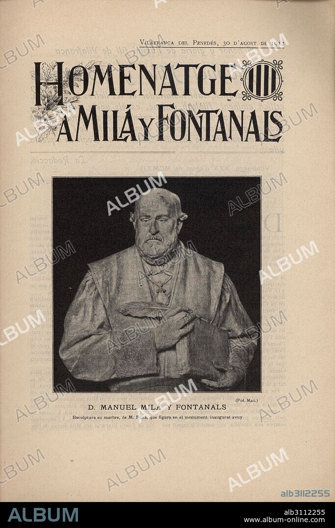 Fascículo especial del periódico Acció dedicado a Milá y Fontanals. Vilafranca del Penedés, agosto de 1912.