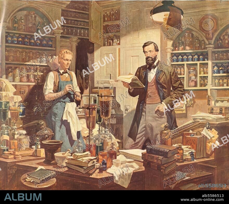 Procter, William jr. Pharmacologist and pharmacist, co-founder of American pharmacy, 1817-1872. Procter and his assistant in the laboratory. Colour print after the painting by Dean Cornwell (b. 1892).