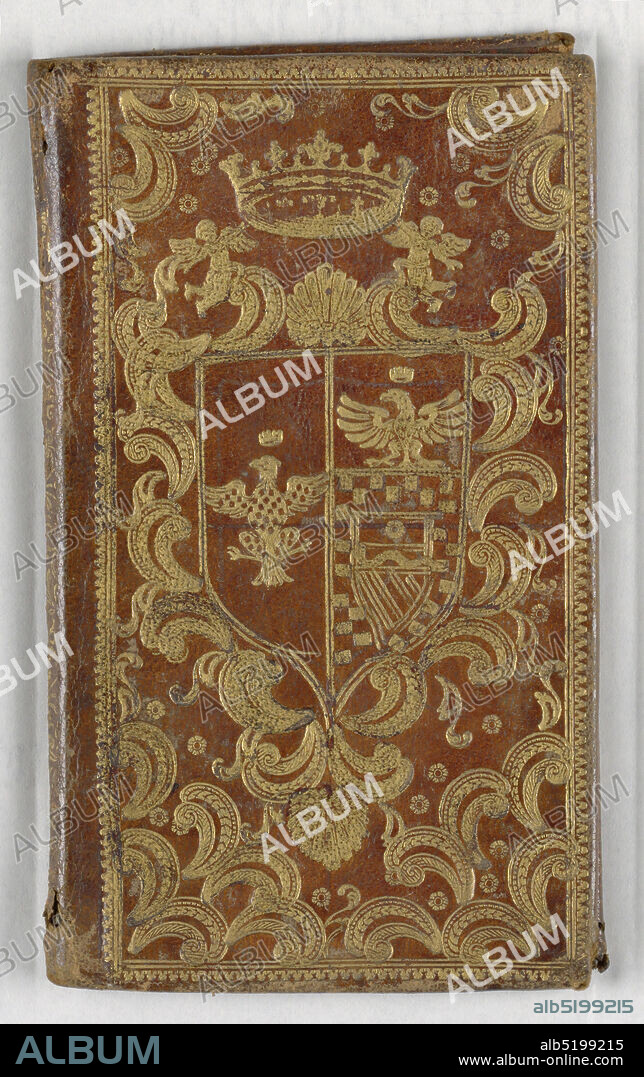 Bookpaper, Gilt leather, paper, Vertical rectangle. Brown leather binding, tooled in gold with coat-of-arms surmounted by a crown, with curvilinear decoration (on both front and back). End papers of Dutch gilt with stylized flowers and fruit in brick red., Germany, 17501770, albums (bound) & books, Bookpaper.