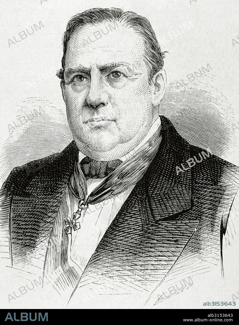 Jose Mun_oz Maldonado (1807-1875). First count of Fabraquer from 1847 and viscount of San Javier, journalist, novelist, historian, jurist and Spanish politician. Portrait. Engraving by Badillo. "La Ilustracion Espanola y Americana", 1876.