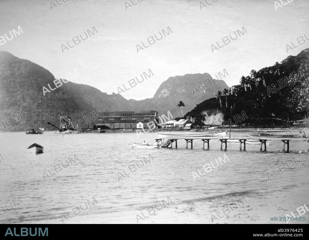 Pago Pago Harbor, in the island of Tutuila, American Samoa, 1889. Coal hanger in the distance, and Pioa Mountain.