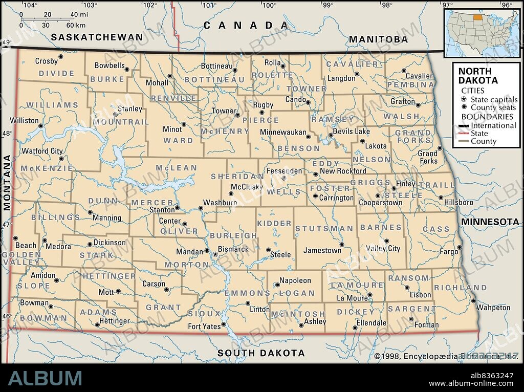 Political map of North Dakota.