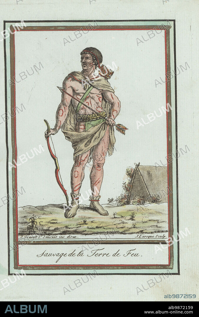 Native American man of Tierra del Fuego, South America. In sealskin cloak and loincloth, leather shoes, his body painted in red. Armed with bow and quiver of arrows. Perhaps of the extinct Yahgan or Selk'nam people. Sauvage de la Terre de Feu. Handcoloured copperplate engraving by J. Laroque after a design by Jacques Grasset de Saint-Sauveur from his Encyclopedie des voyages, Encyclopedia of Voyages, Bordeaux, France, 1792.