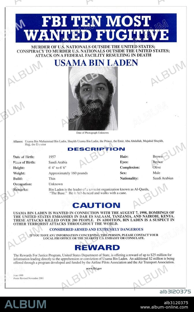 FBI Most Wanted poster of Osama Bin Laden the Al Qaida terrorist group leader 2001.