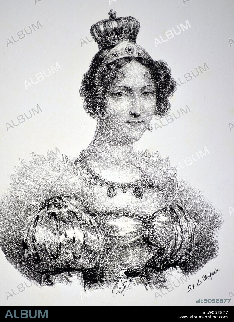 Hortense de Beauharnais (1783-1837) stepdaughter and sister-in-law of Napoleon I. Queen Consort of Holland 1806-1810. Mother of Napoleon III. Lithograph, Paris, 1832.