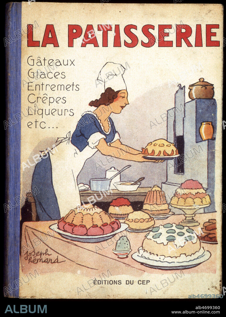 'La patisserie' : une femme sort un gateau d'un four. Couverture d'un livre de cuisine de 1948 illustree par Joseph HEmard (1880-1961=ADAGP). Credit : Collection KHARBINE-TAPABOR.