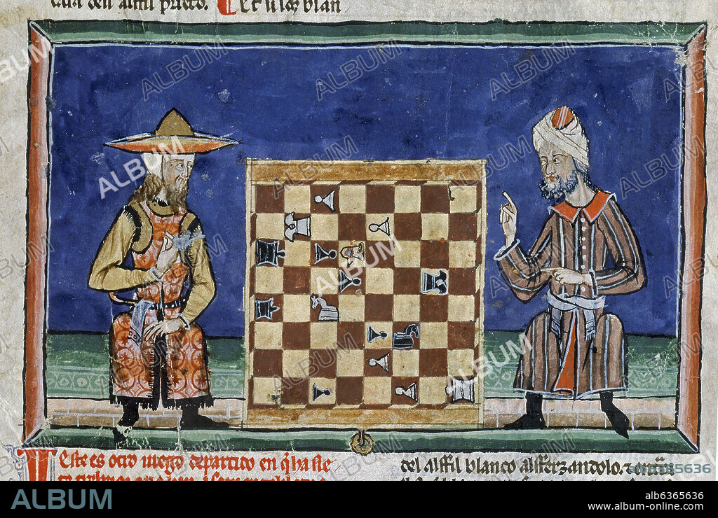 ALFONSO X DE CASTILLA EL SABIO. LIBRO DE JUEGOS O LIBRO DEL AJEDREZ DADOS Y TABLAS - 1283 - FOLIO 63R - UN MUSULMAN Y UN JUDIO JUGANDO AL AJEDREZ - MANUSCRITO GOTICO - Conj nº 90106.