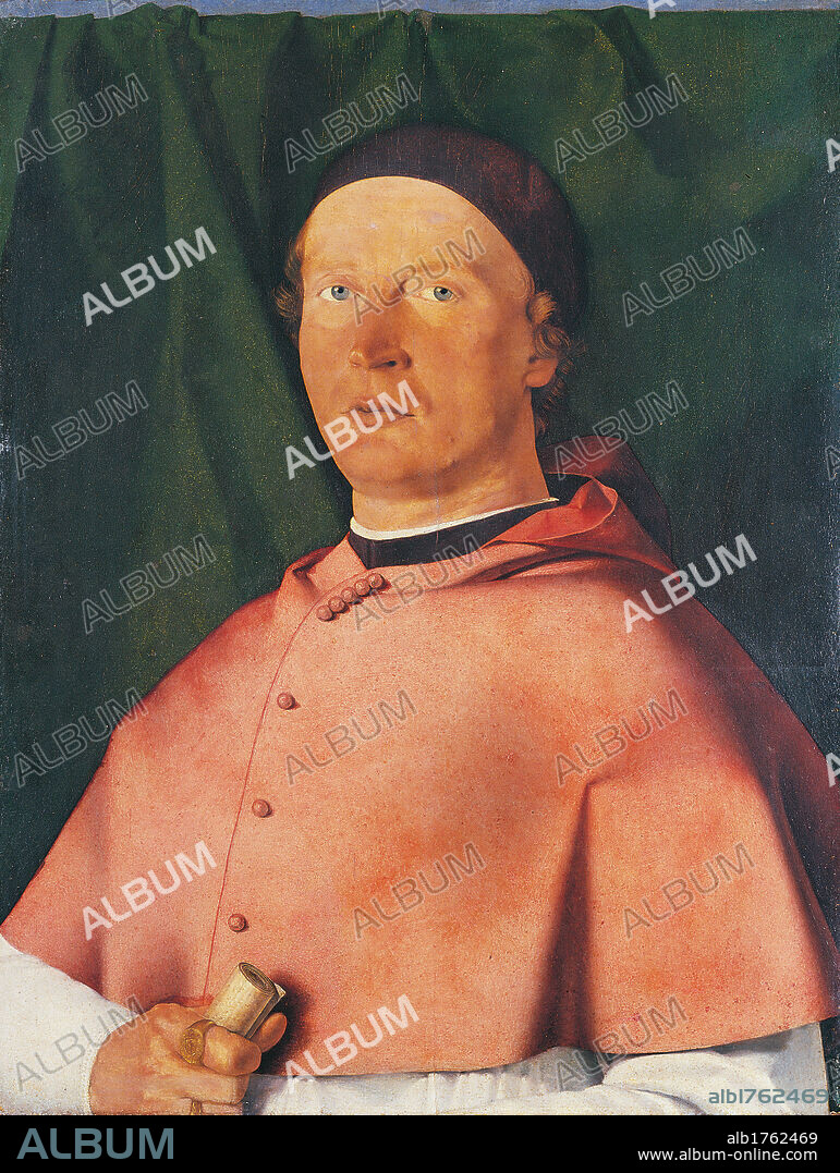 Madonna and Child with St Peter Martyr and Donor (Sacred Conversation), by Lorenzo Lotto, 1505, 16th Century, oil on panel, cm 55 x 43,5. Italy, Campania, Naples, Capodimonte National Museum and Galleries. All. Bust of an adult, glabrous blue eyed man, bishop wearing a red and white cassock, a headdress and a ring, holding a rolled up scroll. Authorization required for non editorial use.