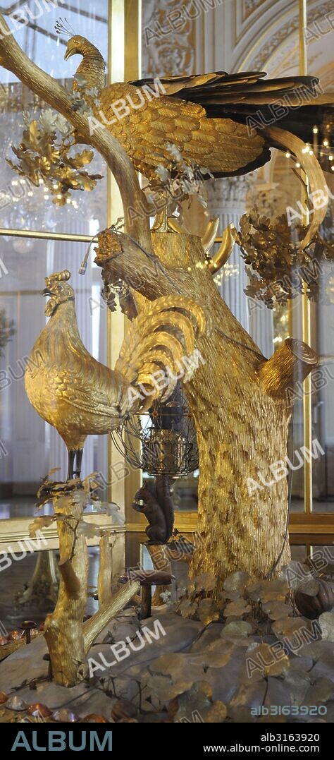 The Peacock Clock. Mechanical clock built by James Cox (c.1723-1800). 1770s. Gilded bronze. Pavilion Hall. Small Hermitage. The State Hermitage Museum. Saint Petersburg. Russia.